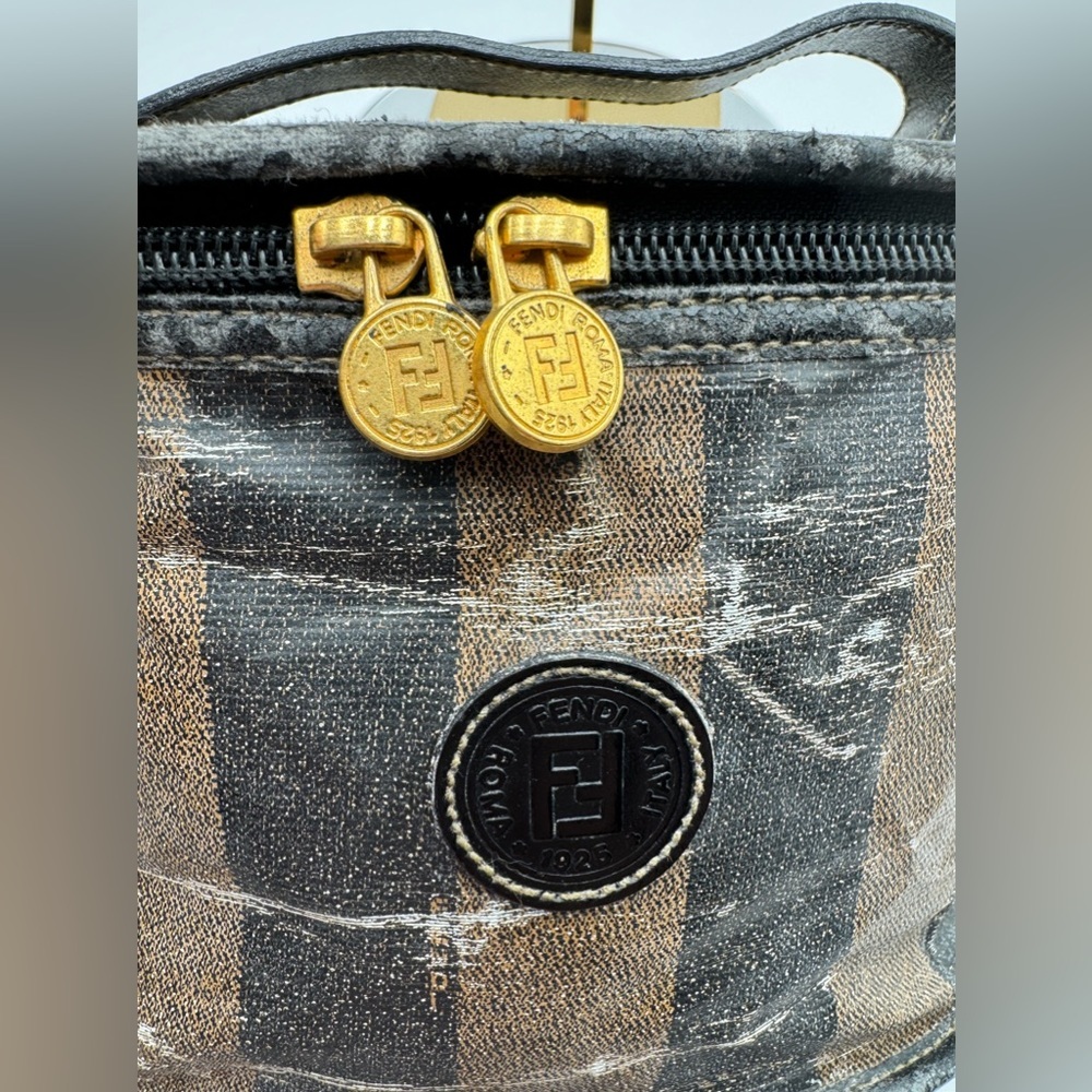 Fendi-Authentic-Pequin Vanity Case PVC leather Brown Black - Picture 4 of 9